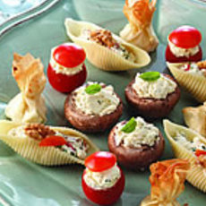 Recept: Kruidige filo-pakjes, gevulde champignons  en gevulde pastaschelpen 